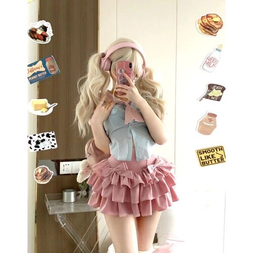 日系学院风落跑甜心 夏季短袖a字高腰蝴蝶结蛋糕半身裙时尚套装女