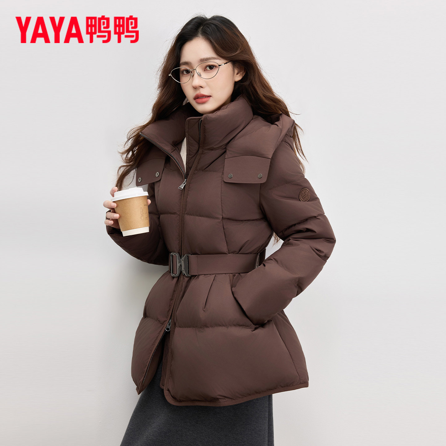 鸭鸭中长款羽绒服女连帽