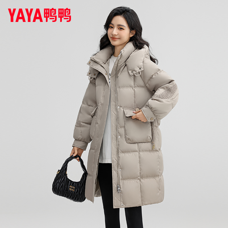 鸭鸭中长款连帽显瘦羽绒服