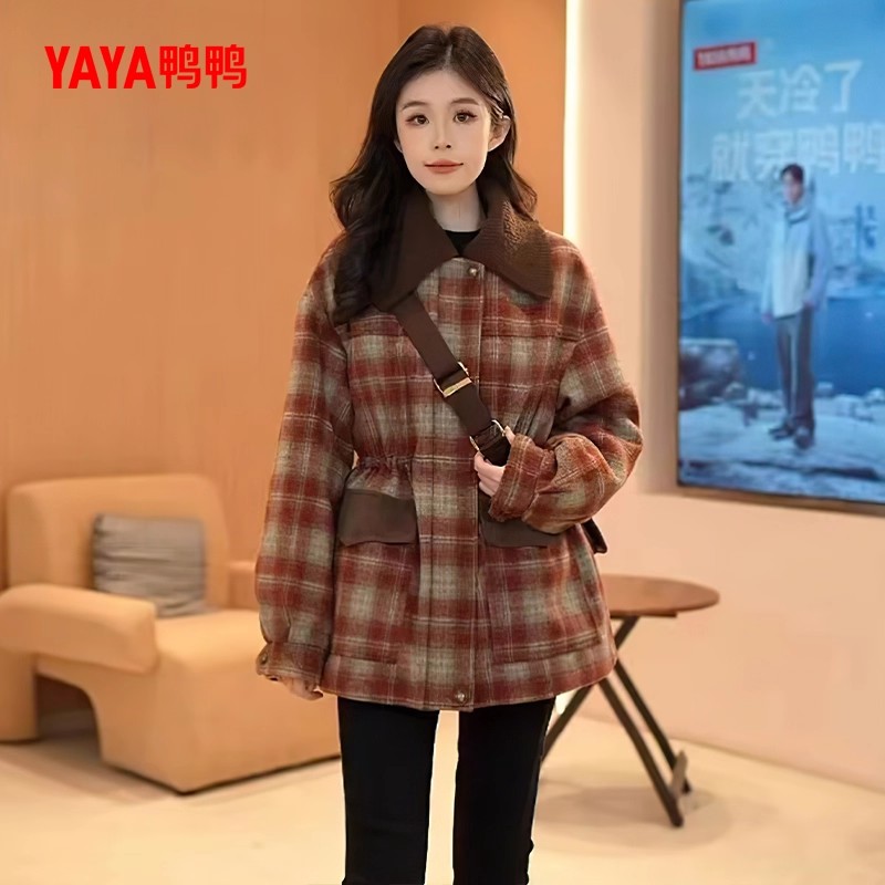 鸭鸭旗舰店正品羽绒服女中长款2025冬季新款时尚百搭毛呢格子外套