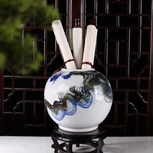 中式水墨云雾陶瓷字画收纳缸书画卷轴缸花瓶样板房售楼处家居摆件