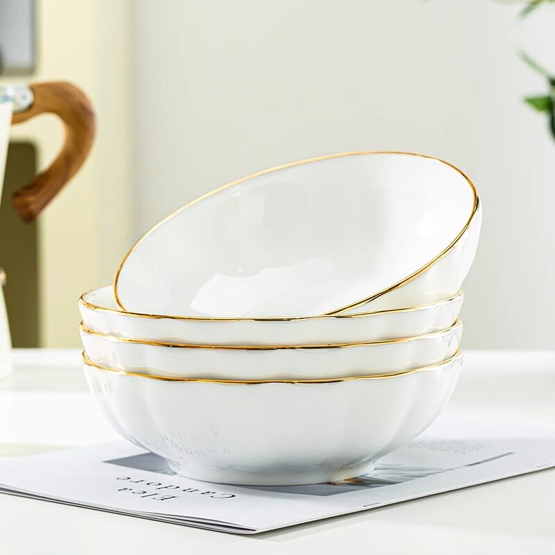 景德镇餐具金边骨瓷米饭碗家用菜碗大号拌面碗水果沙拉碗减肥浅碗