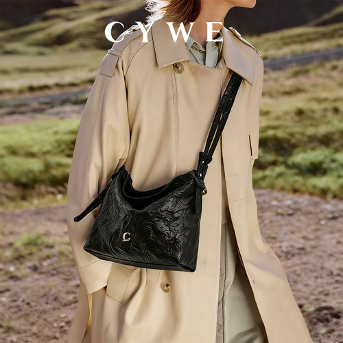 cyew夜岩黑大容量头层牛皮hobo包