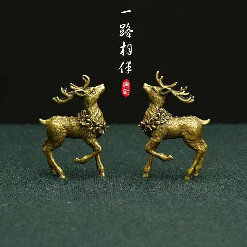 纯铜梅花鹿摆件一对黄铜迷你实心铜鹿手把件一路发风水工艺品