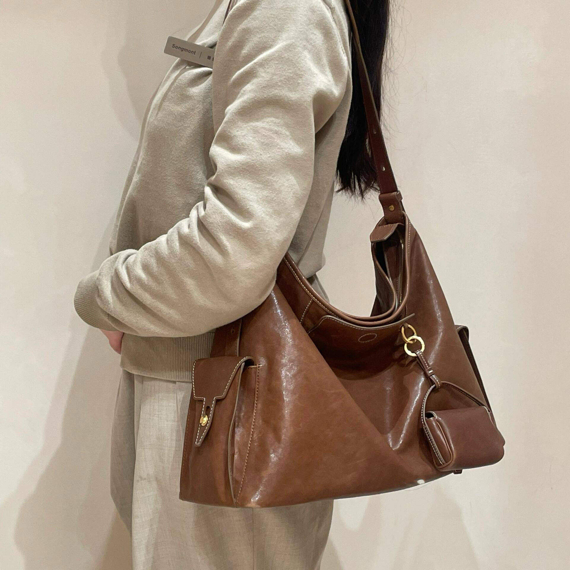 山下有循迹系列hobo包牛皮托特包大容量单肩斜挎包通勤包亲子包包