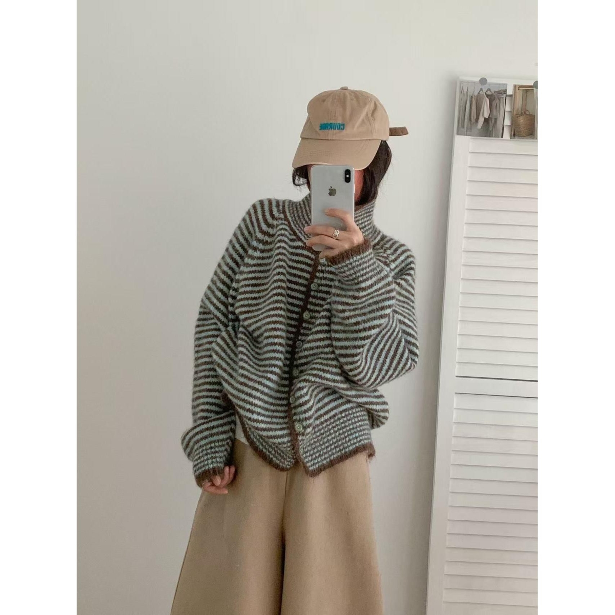 复古撞色条纹立领针织开