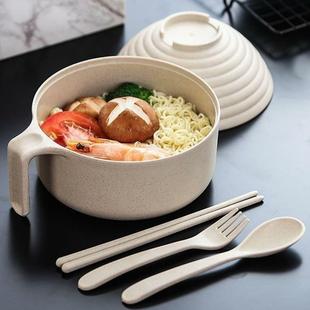 学生饭盒宿舍带盖方便面大碗日式 小麦秸秆餐具单个碗筷套装 泡面碗