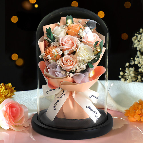 永生花玫瑰花干花花束玻璃罩摆件