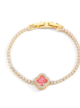 时尚微镶四叶草锆石手链粉色甜美