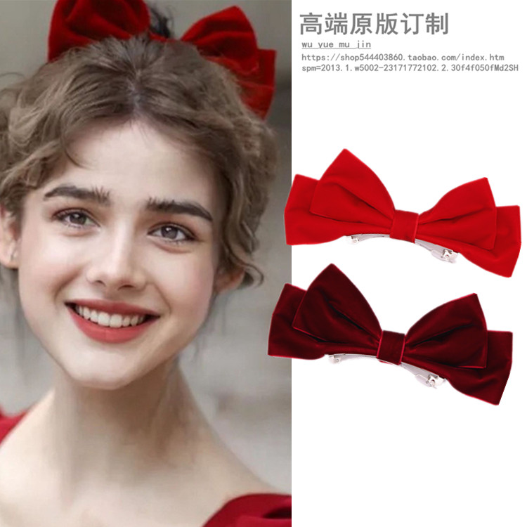 红色立体丝绒大蝴蝶结发夹弹簧夹
