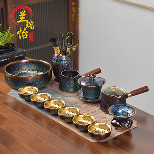 家用盖碗泡茶杯陶瓷茶盏茶壶礼盒 LAREEY高档鎏金建盏功夫茶具套装