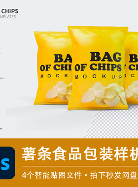 薯条膨化食品油炸食物塑料黄色包装样机产品效果展示PSD设计素材