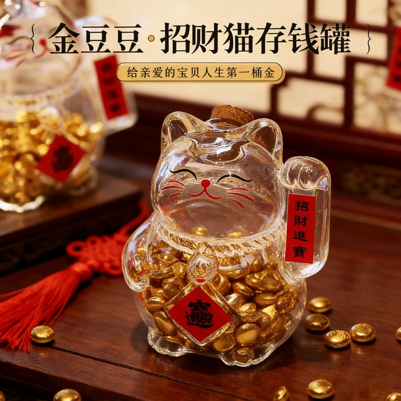 招财猫咪迷你攒金豆子小猪存钱罐金豆豆瓜子可爱猫咪收纳瓶许愿瓶