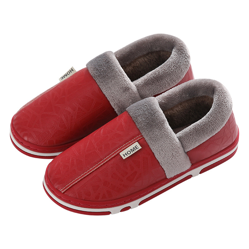 魔芋爽厂家货源棉拖鞋男人造PU皮防水包跟加绒保暖居家户外棉鞋女