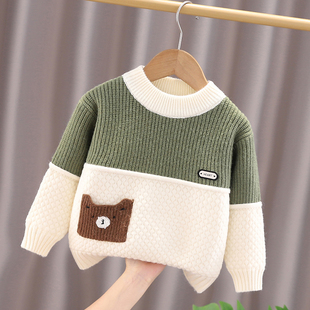 男童加绒加厚毛衣秋冬装2025新款小童保暖打底衫婴儿童拼色针织衫