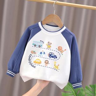 儿童刺绣拼色长袖 男孩小童宝宝纯棉打底衫 新款 男童卫衣2025春秋装