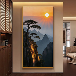 日出东方迎客松玄关入户挂画现代写实风背有靠山挂画高级竖版壁画