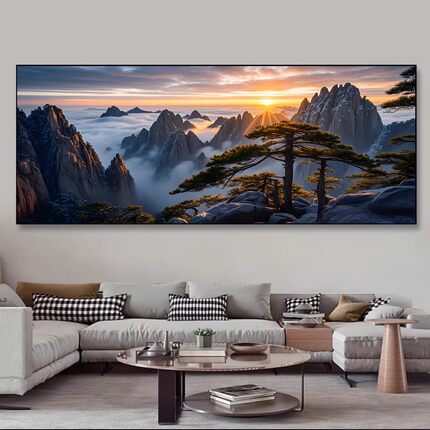 旭日东升客厅挂画沙发背景墙壁画靠山图装饰画轻奢风景画有山无水