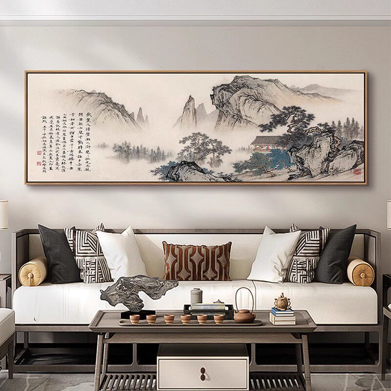 新中式客厅挂画望云楼沙发背景装饰画山水画办公室靠山图书房壁画