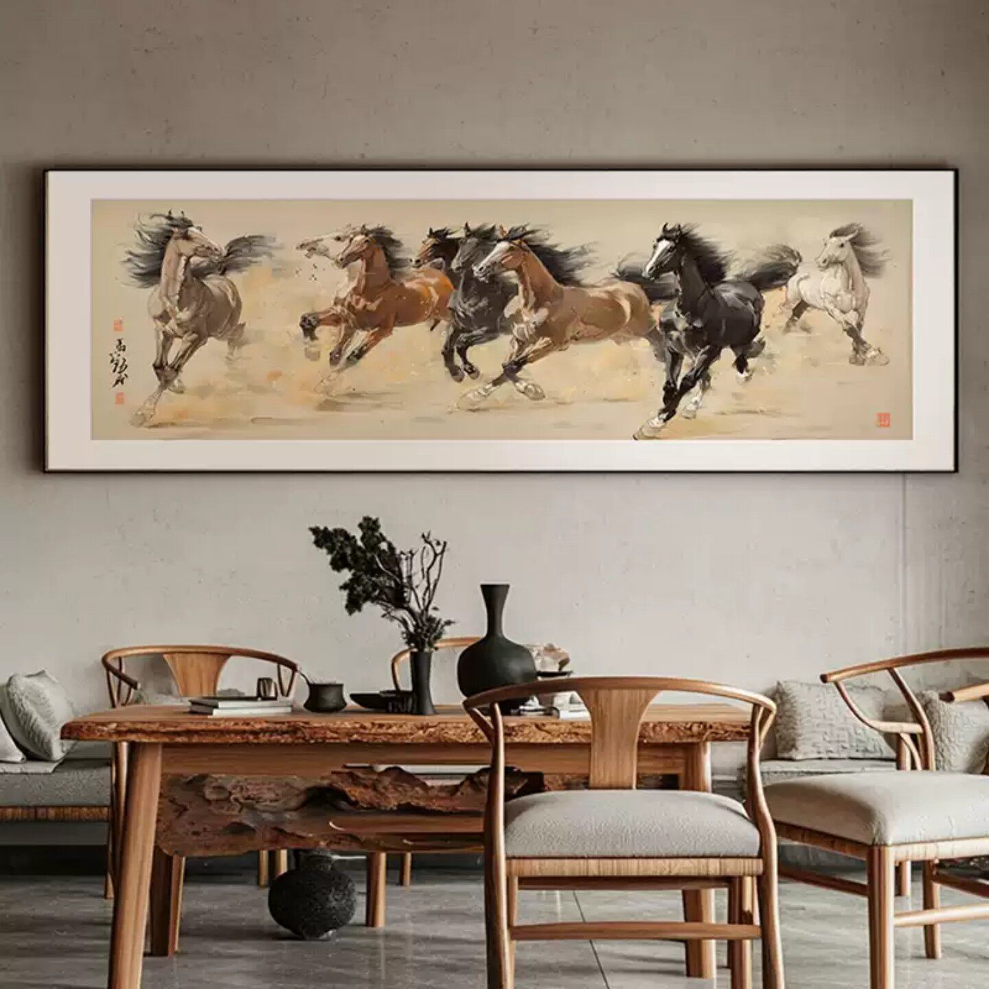 马到成功装饰画新中式挂画客厅茶室八骏图办公室国画书房水墨壁画