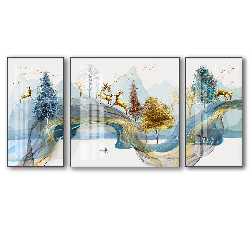 北欧风格装饰画现简约墙画客厅壁画沙发背景墙麋鹿挂画三联画