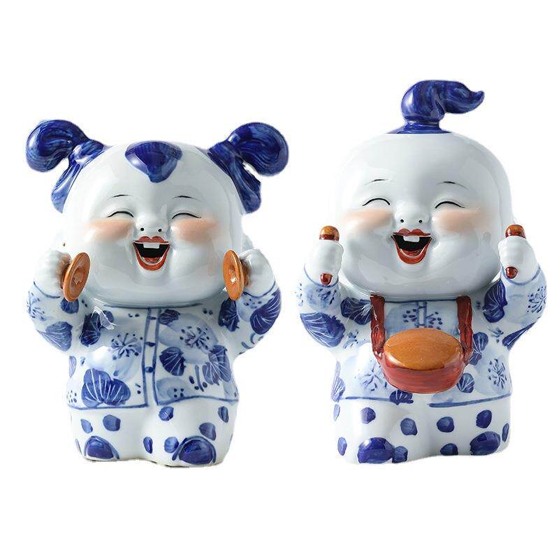 景德镇陶瓷器青花瓷中式人物摆件一对客厅书房书架摆设结婚礼品