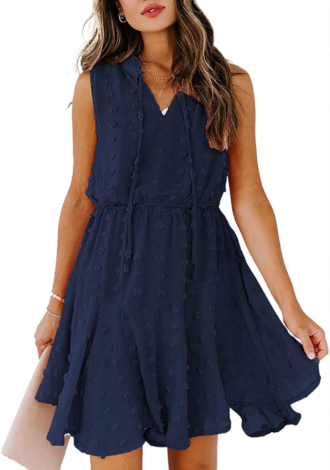 速卖通夏季V领浅蓝色时尚系带点点收腰显瘦无袖背心连衣裙女DRESS