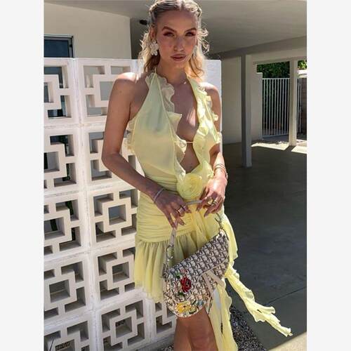 Mini Dress for Women Backless Ruched Summer Dress Tassel