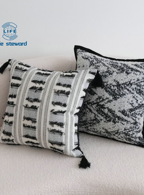 黑白色流苏卷边抱枕套沙发靠垫枕套 cushion cover pillowcase
