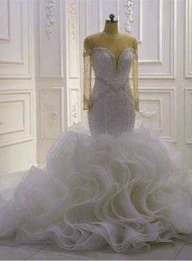 Long Sleeve Handwork Pearls Ruffle Mermaid Wedding dress