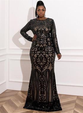 Women Plus Size Dress Maxi Sequin Long Sleeve Party Dresses