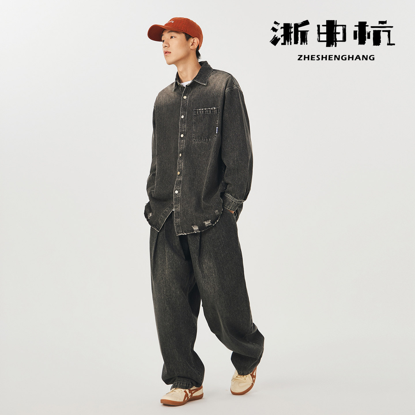 美式潮牌水洗磨破牛仔长袖衬衫男女ins潮流直筒裤子,男装,时尚套装,淘宝优惠券,粉丝福利购,淘宝优惠卷