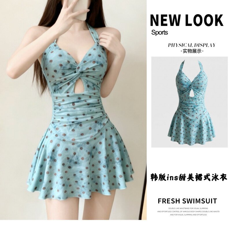 纯欲时尚性感新款连体裙式泳衣女扎染波点V领遮肚显瘦高颜值温泉