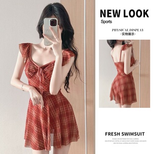 格子辣妹高级感保守显瘦遮肚温泉泳装 连体裙式 游泳衣女款 2026新款