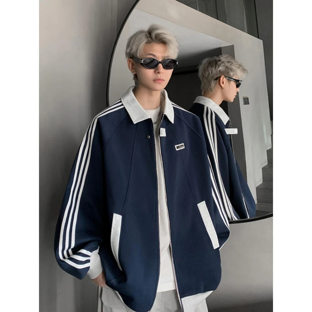 V37 美式学院风外套男25秋季撞色拼接潮流百搭青少年学生条纹夹克