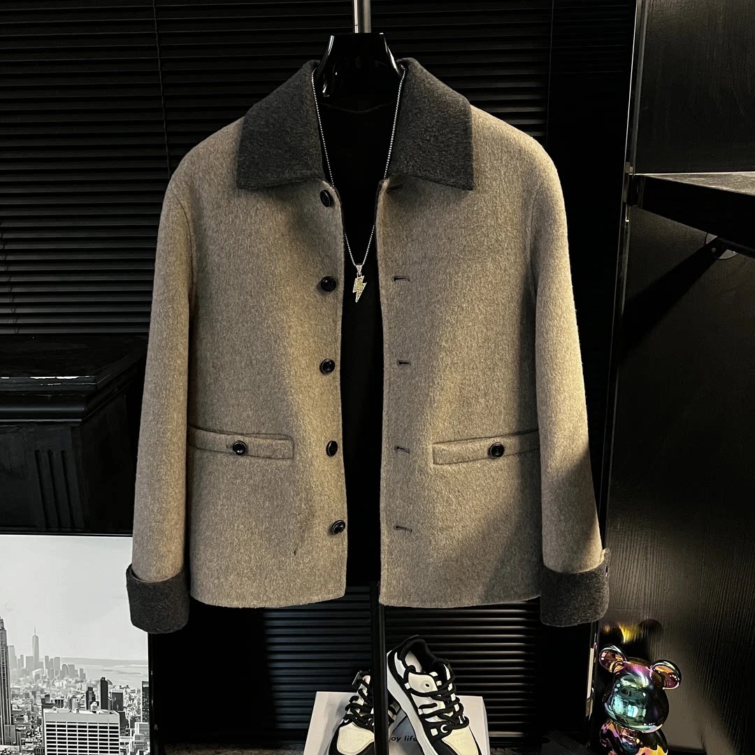 MZ-2025秋冬季复古毛呢短款夹克撞色翻领休闲外套男 直播现货
