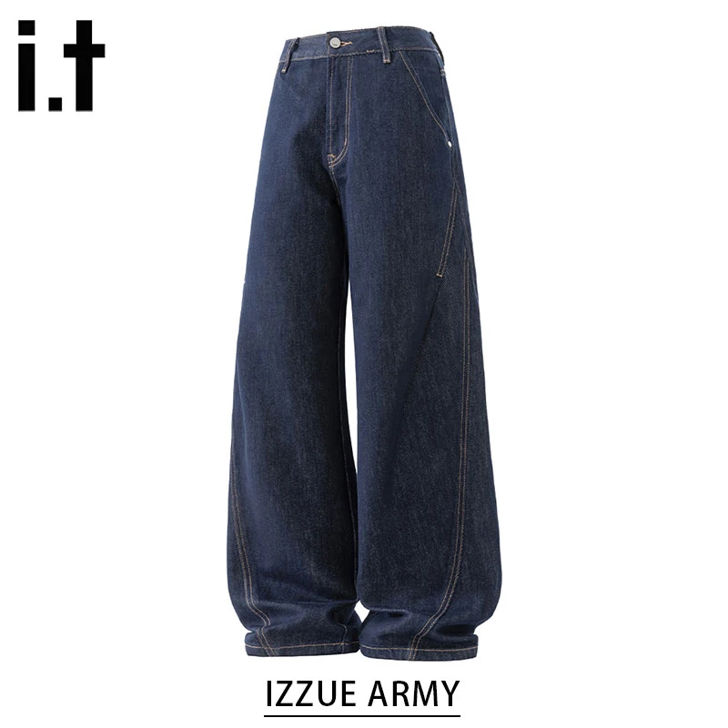 izzue秋季新款丹宁蓝牛仔裤男士水洗宽松美式休闲拼接复古弯刀裤