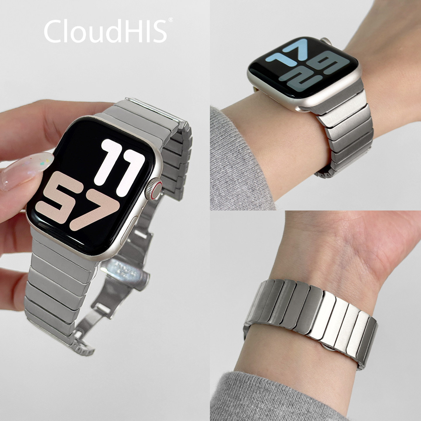 CLOUDHIS新款适用AppleWatchS10金属蝴蝶扣表带s8苹果手表表带S9运动s11男女iwatch表带SE夏季Ultra2腕带银色