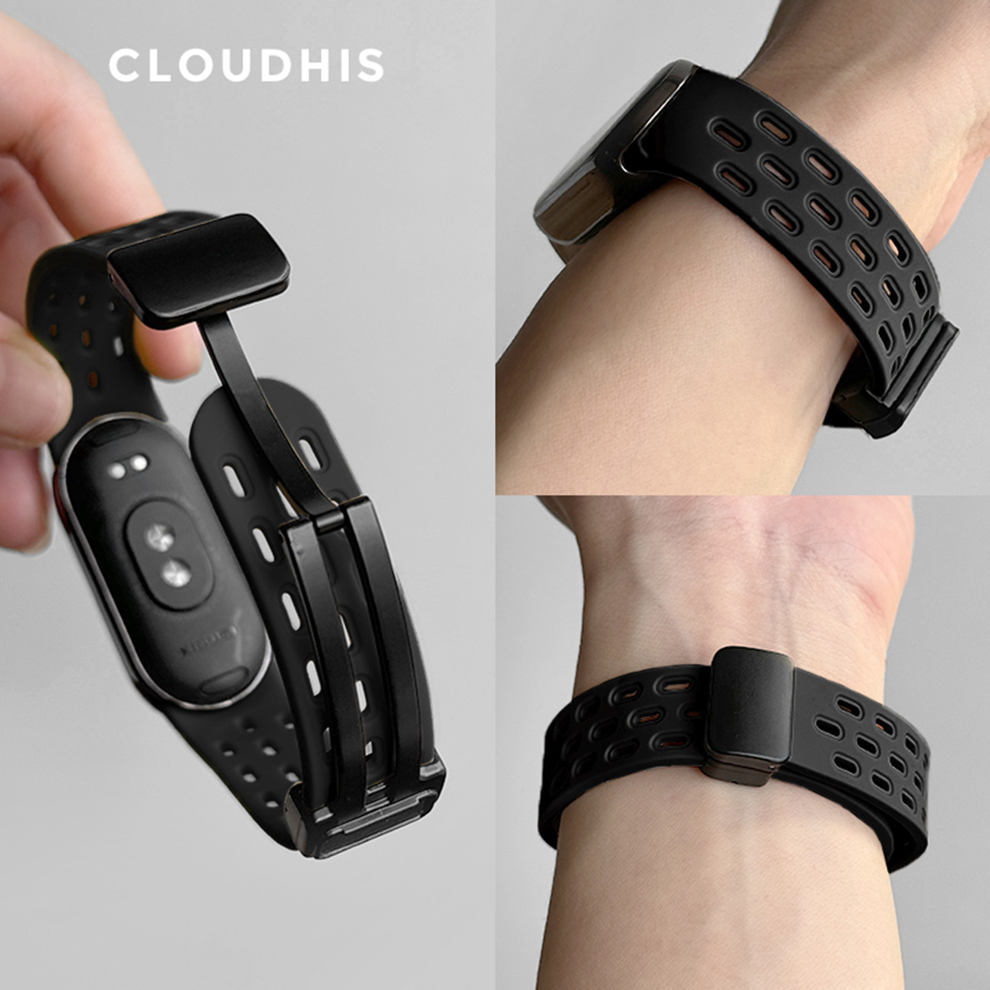 CLOUDHIS适用小米手环10硅胶磁吸9折叠扣洞洞表带10NFC运动手表带智能xiaomi女生透气男生腕带智能手环透气十