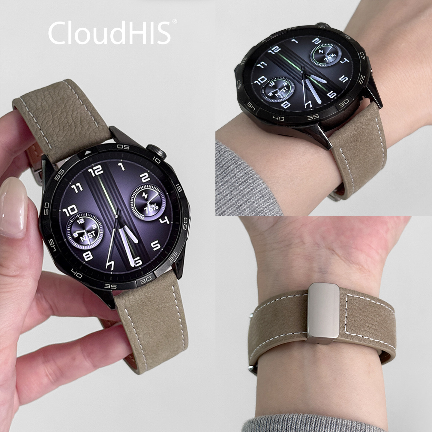 CLOUDHIS适用华为手表表带GT5荔枝纹gt6真皮腕带gt2男款gt4智能Watch4pro折叠Watch3荣耀Magic运动磁吸扣gt3