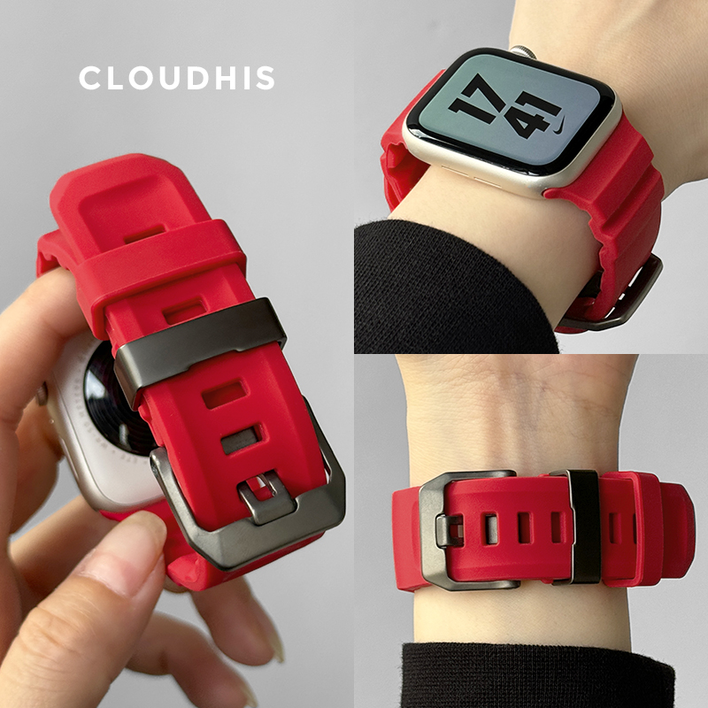 CLOUDHIS适用苹果手表S10高级iwatch防水透气红色表带AppleWatchUltra表带新款创意SE野劲运动液态硅胶男春夏