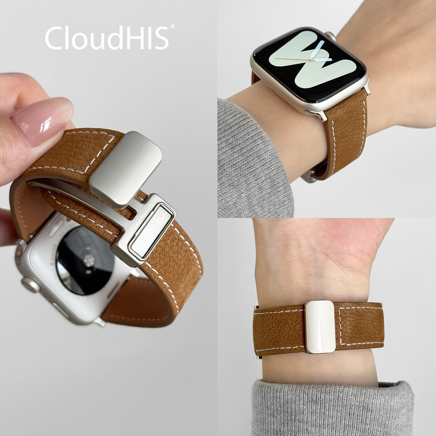 CLOUDHIS新款磨砂牛皮磁吸iwatch表带s11适用苹果手表applewatch运动9透气8真皮ultra秋冬男款小众s9女款s10