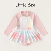 新款 长袖 防晒裙式 儿童连体泳衣夏装 海边度假泳装 小女孩扎染风泳衣