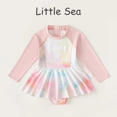 儿童连体泳衣夏装新款长袖防晒裙式海边度假泳装小女孩扎染风泳衣