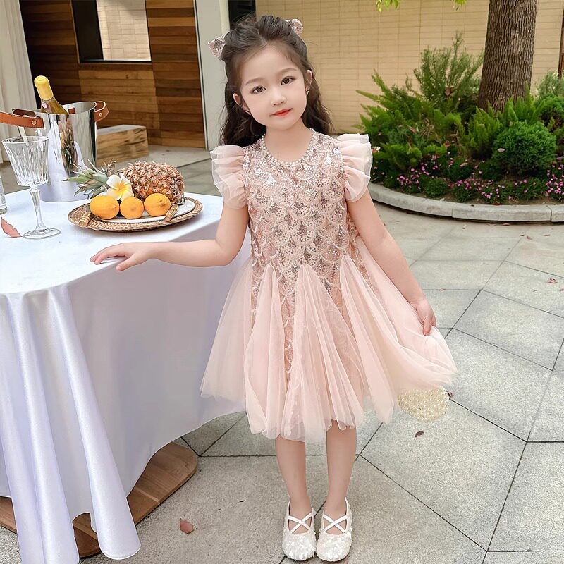 女宝旗袍飞袖连衣裙夏季洋气儿童裙子亮片公主裙小女孩生日网纱裙