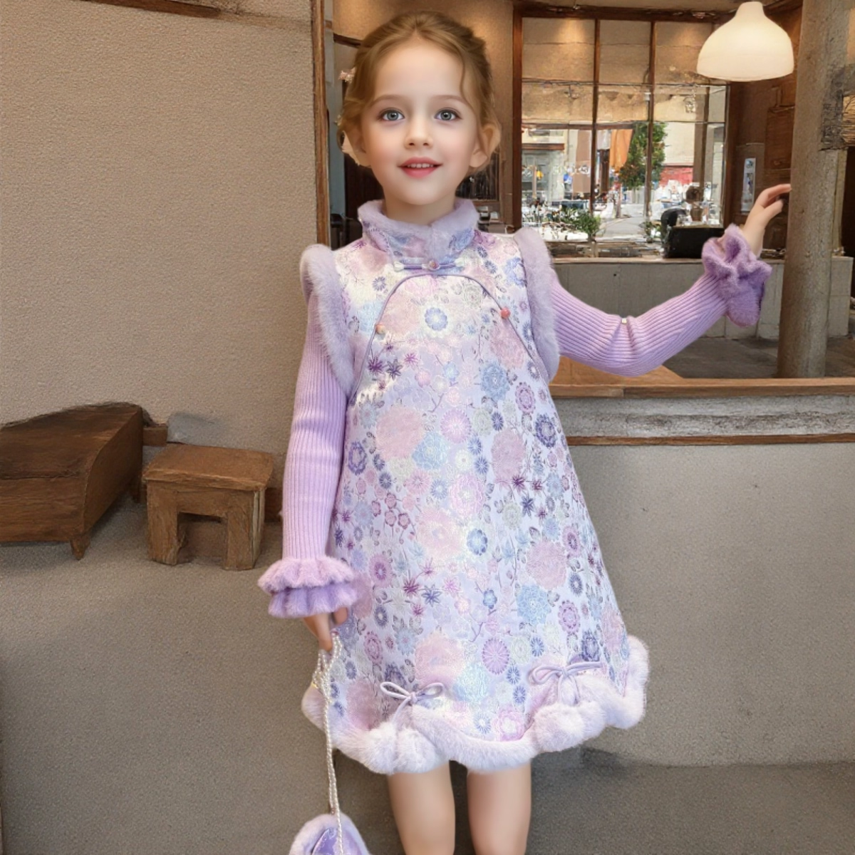 女童新中式国风旗袍裙冬季2025新款儿童加绒加厚背心裙宝宝连衣裙