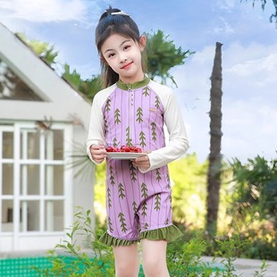 防晒游泳衣女童连体泳衣宝宝温泉泳装 长袖 女孩游泳衣 新款 儿童夏季