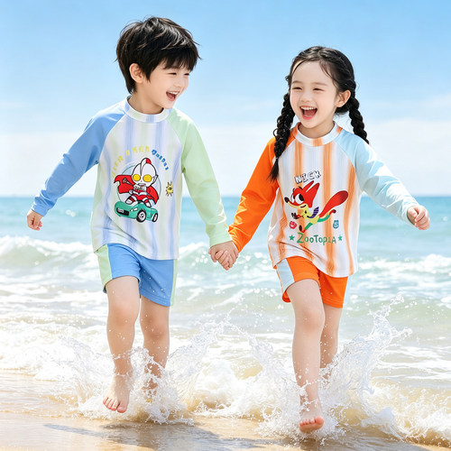 儿童泳衣男女童长袖卡通分体式泳装夏季新款条纹印花度假风游泳衣