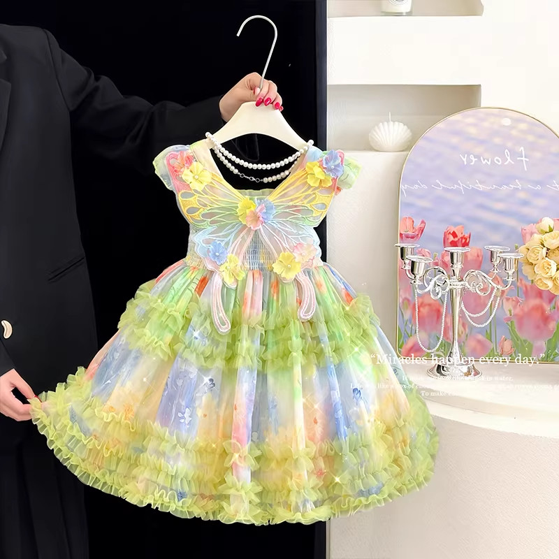 女童连衣裙夏季2026新款儿童洋气演出服公主裙女孩绿色带翅膀裙子