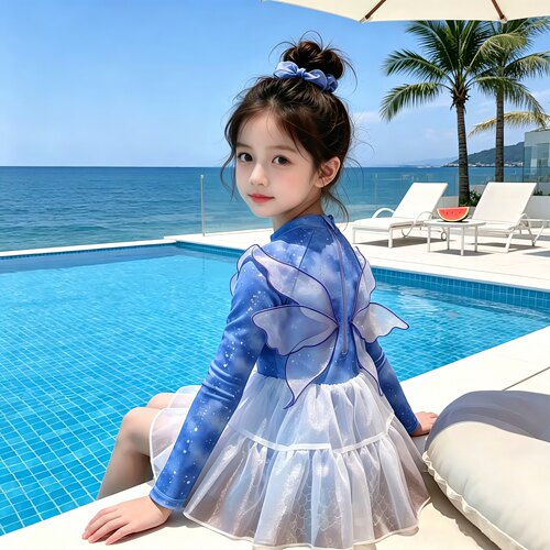 女童宝宝泳衣2026新款长袖防晒儿童连体游泳衣女孩网纱连衣裙泳装